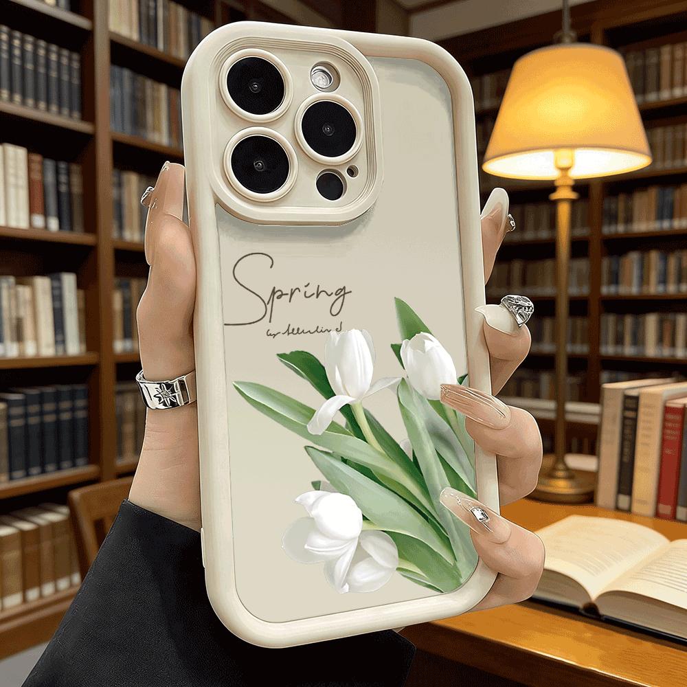 White Tulips with 'Spring' Text Soft TPU Phone Case for iPhone 17 16 15 14 13 12 11 Pro Max Plus Shockproof Anti-Slip Cover