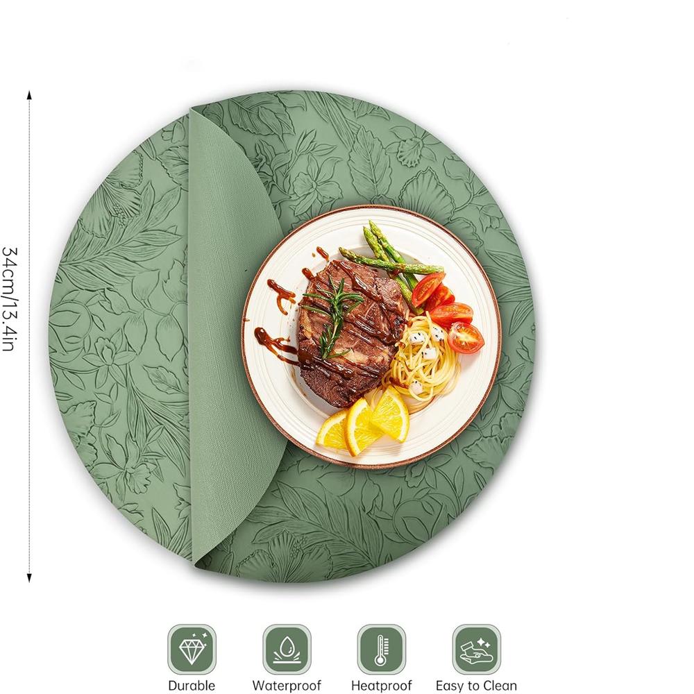 Placemats,Dual Sided PU Leather Place Mats, Heat Resistant Waterproof No-Slip, Washable Round Floral Kitchen Coffee Table Mats