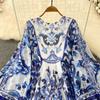 Retro Palace Wind Round Collar Bell Sleeve Loose Blue and White Porcelain Printed  Dress Elegant Temperament Large Skirt