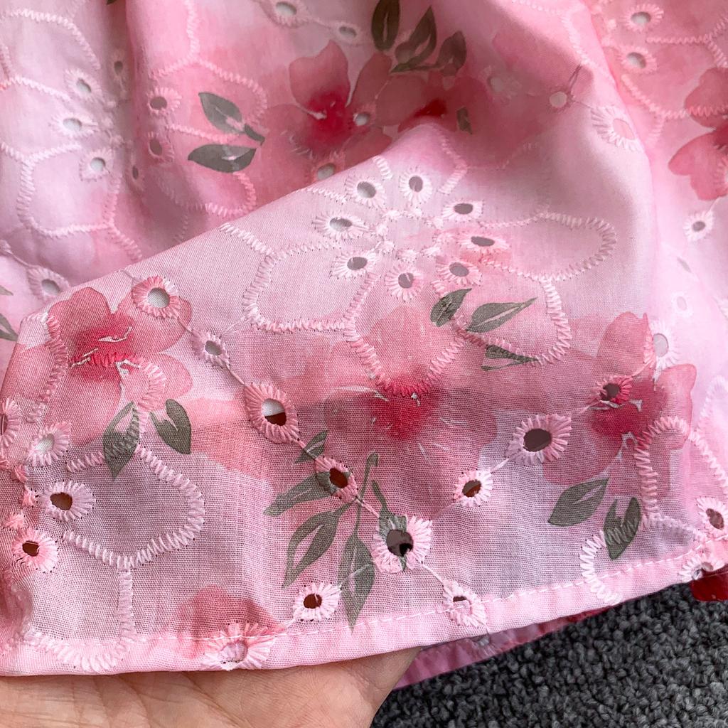 Gentle Pink Green and Yellow Embroidered Print Drop-Shoulder Shirt Dress for Women Summer Button-Down Belt Slim Midi Dress