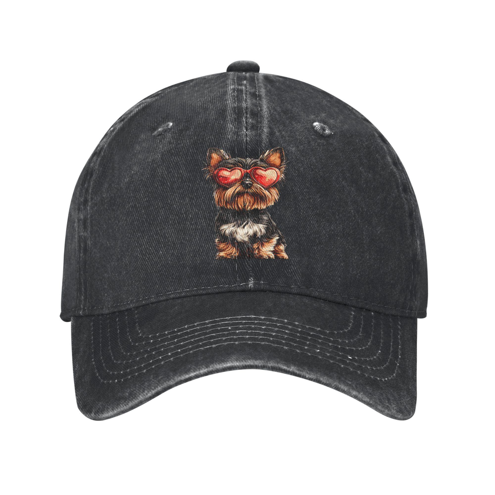 Yorkshire Terrier Heart Glasses Baseball Cap Distressed Denim Valentines Day Dog Lover Sun Cap for Unisex Women Outdoor Travel Cap One Size