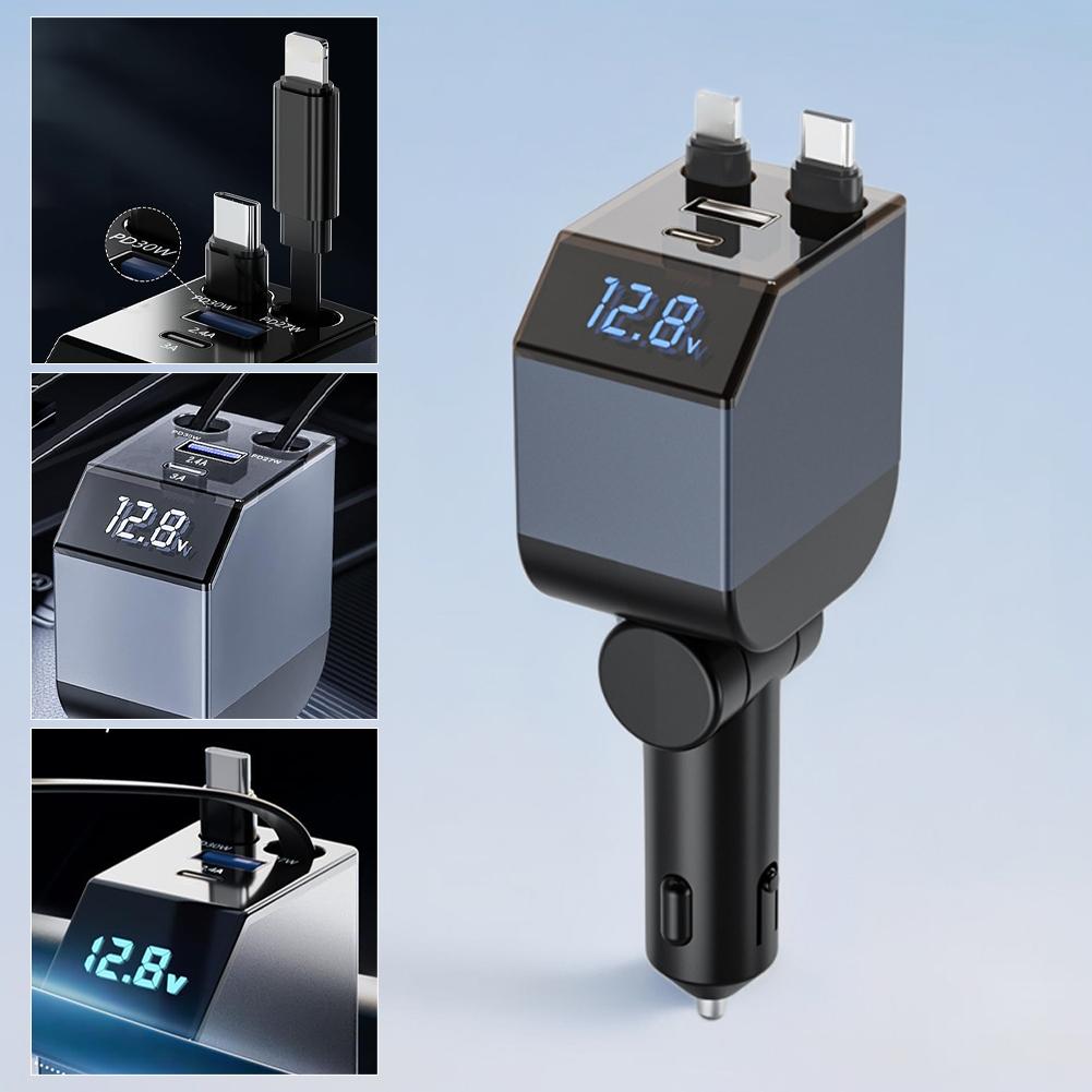 Car Charger, 3-in-1 Independent Fast Charging, Retractable Cable, Power Display USB C Car Charger For IPhone Android W9R9