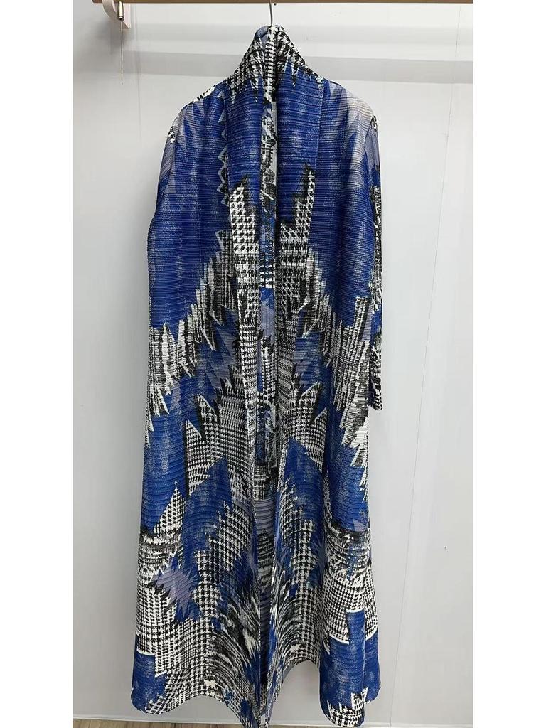 Pleated Printed Long Trench Coat for Women - 2025 Spring Lapel Loose Fit Plus Size Long Sleeve Robe