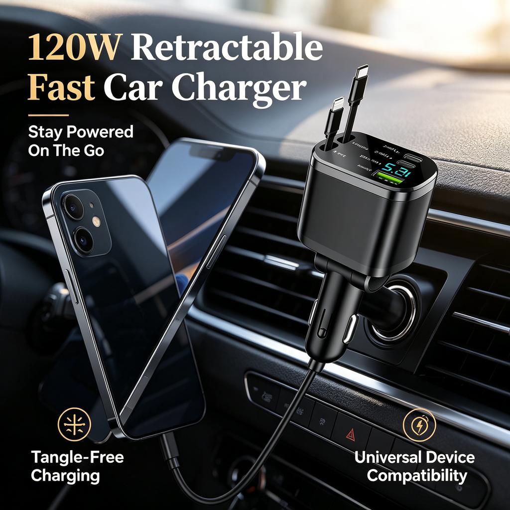 Cargador de coche retráctil carga rápida 120W adaptador universal para dispositivos móviles