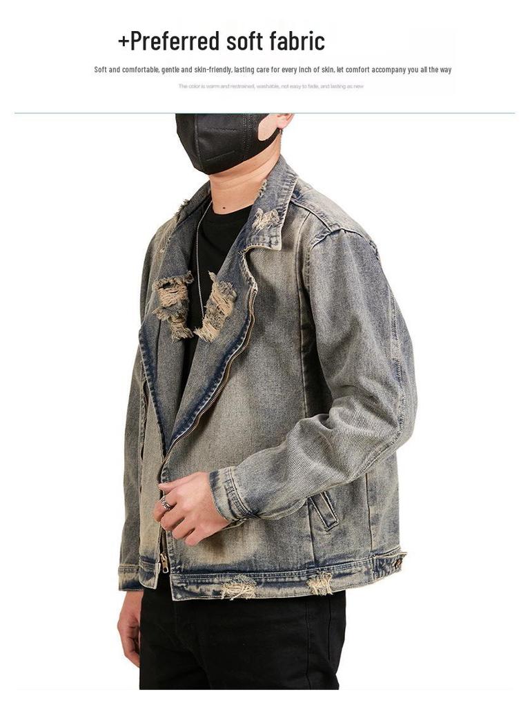 Men's Plus Size Retro Denim Jacket with Turn-Down Collar and Multi-Pockets for Spring