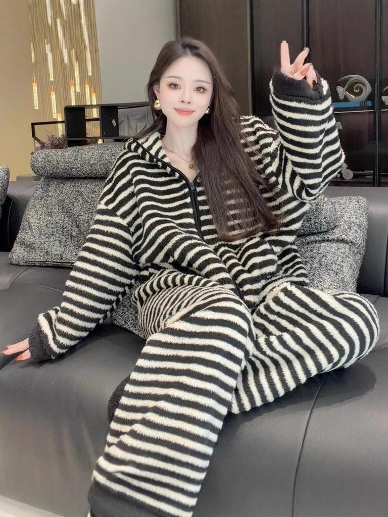 Women's Striped Hooded Coral Fleece Pajamas, Winter 2025 Trend, Outdoor-Ready Fleece-Lined Homewear