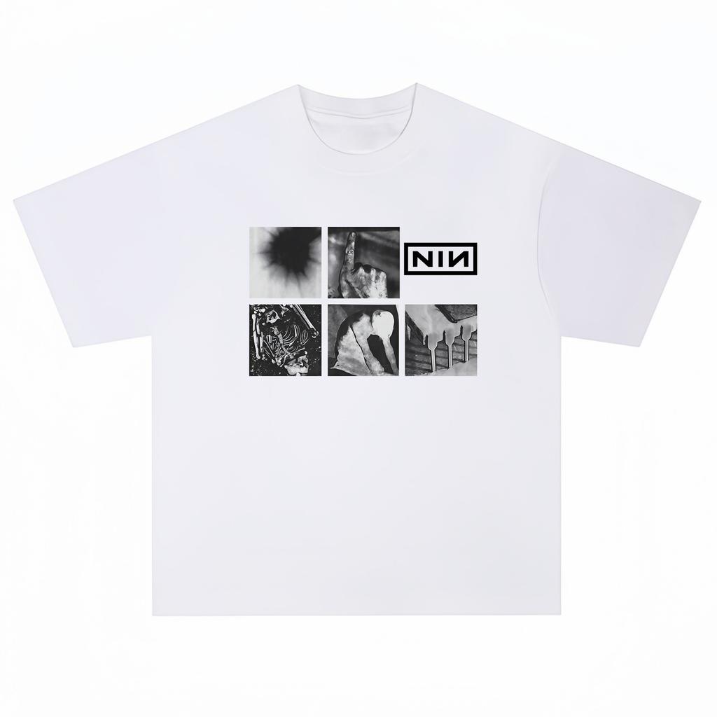 T-shirt a maniche corte pesante in metallo stampato band rock Nine Inch Nails con uno stile vintage ampio