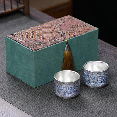 Cha Xun Retro Blau-Weiß Vergoldet Silber Keramik Teetasse Paar - Florale Blüte
