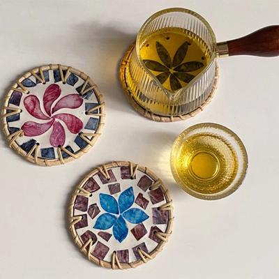 Table Decoration 10cm Rattan Shell Cup Mat Colorful Round Seashell Cup Mat Bohemian Style Coaster Tea Table