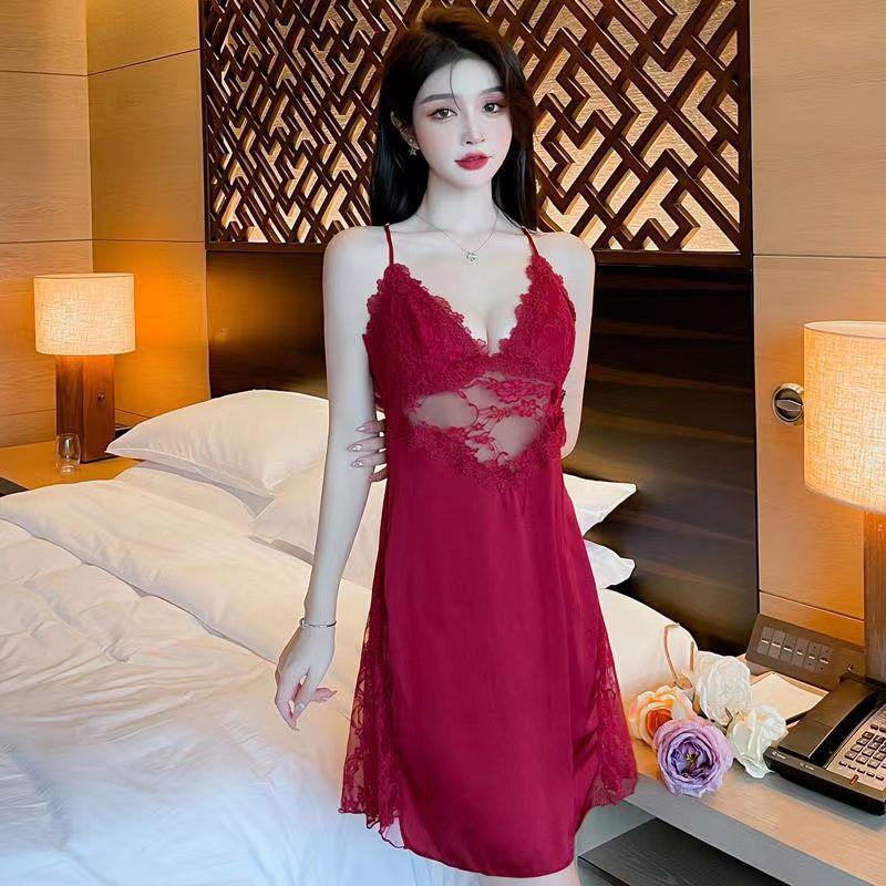 Women's Summer Ice Silk Backless Nightdress: Sexy Sling Two-Piece Set with Hollow Out Lingerie Robe