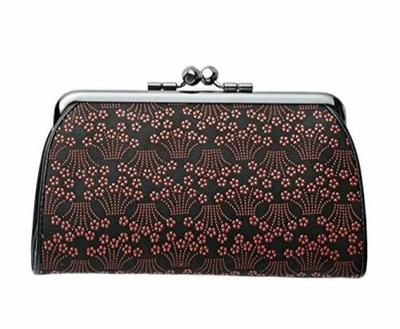 INDEN-YA Inden Genuine Leather Parent-Child Clasp Coin Purse (Black with Red Lacquer  Small Cherry Blossom and Iris Design)  Authentic Leather