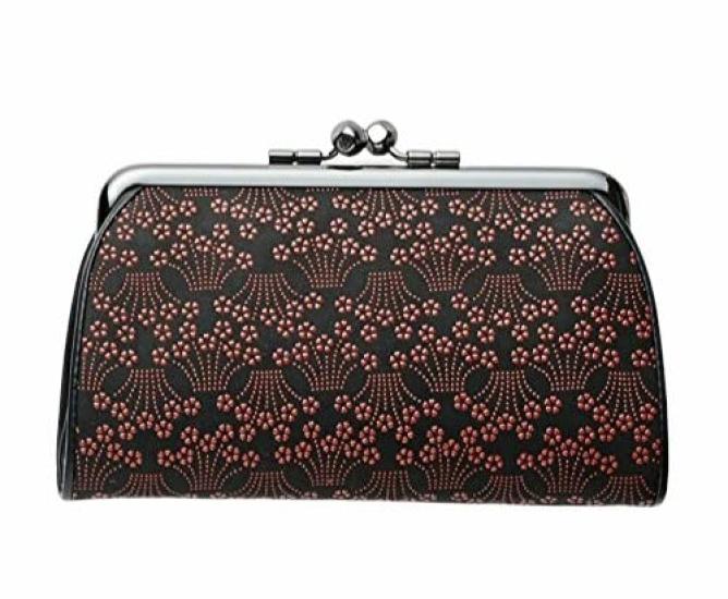 

INDEN-YA Inden Genuine Leather Parent-Child Clasp Coin Purse (Black with Red Lacquer Small Cherry Blossom and Iris Design) Authentic Leather