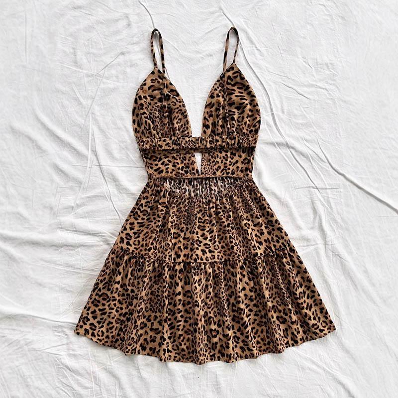Neckholder-Kleid Sommer Leopard Sexy Rückenfrei Urlaub Meerseite Strand Aushöhlungen Kleider