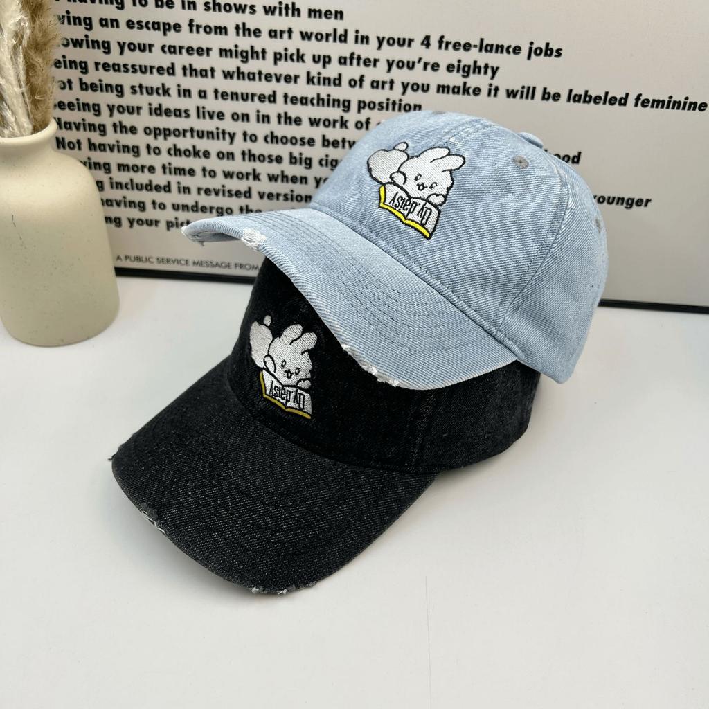 Cute Cartoon Rabbit Baseball Cap Men and Women Washed Denim Couple Soft Top Big Head Curved Brim Cap Men