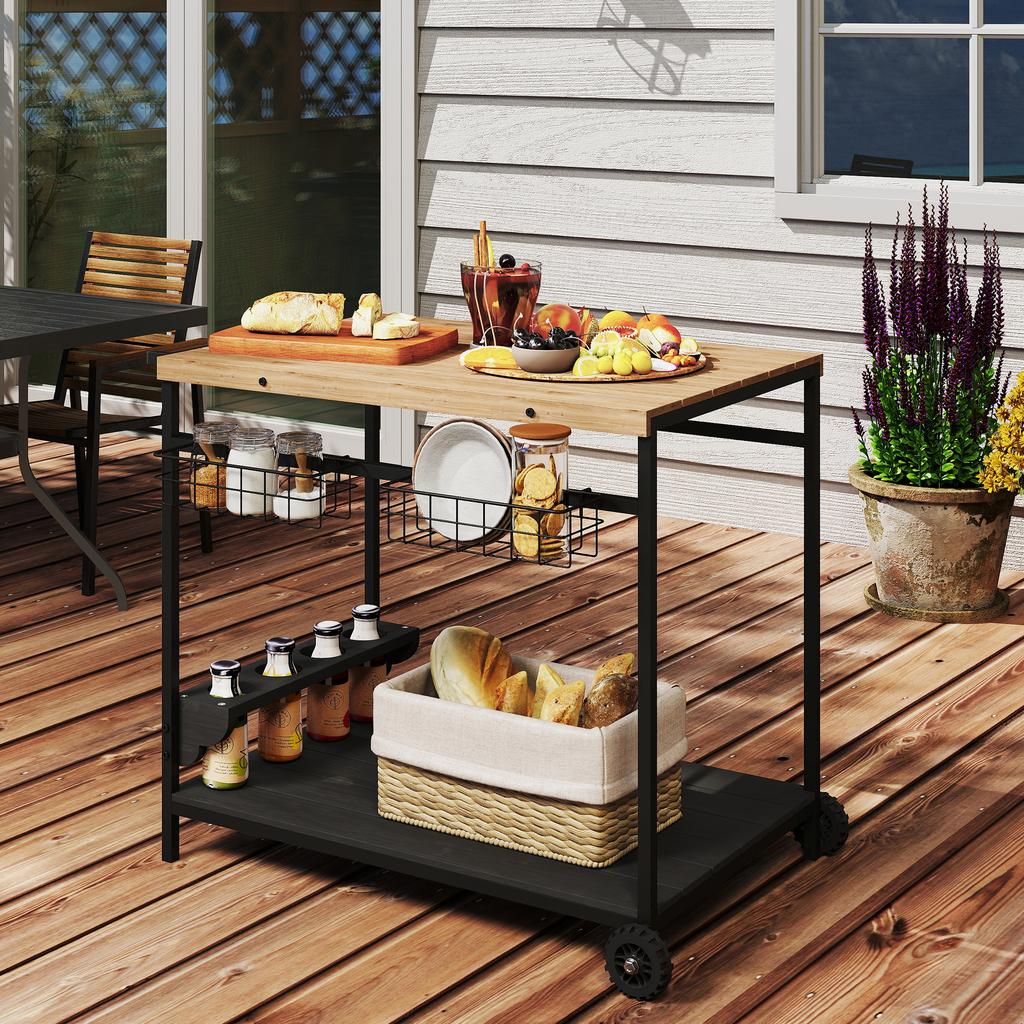 Serving Cart, Kitchen Cart, 2 Tiers, 4 Bottle Holders, In/Outdoor, Natural/Black