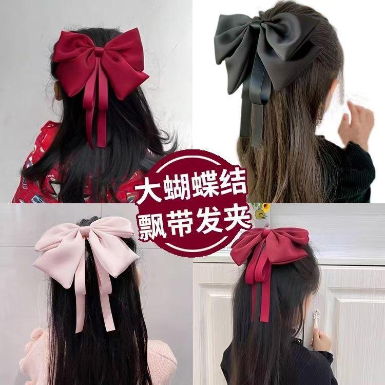 Children's Large Bow Hair Clip Princess Style Satin Wine Red Ribbon Hair Clip Back of The Head with A Headband A Female Hair Accessory