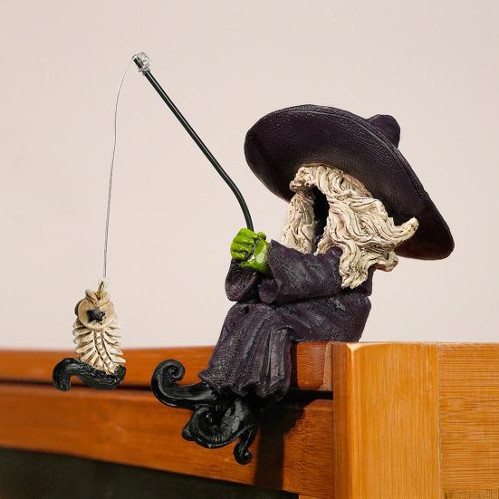 Halloween Fishing Witch Figurine Spooky Cartoon Witch Statue Resin Sculpture Home Office Desktop Holiday Party Decoration Ornament