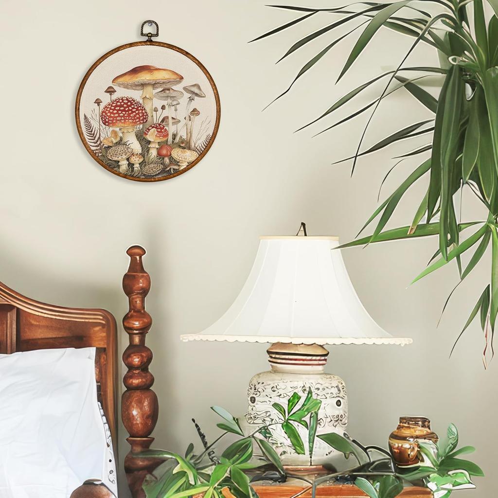 BCUANGD Vintage Mushroom Round Wall Art Decor - Retro Boho Botanical Wall Art Canvas Frame Artwork Prints, Neutral Cottagecore Round Wall Hanging