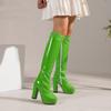 PU lakovaná kůže Oranžová Žlutá Zelená Sexy boty Plus velikost 47 48 Westernová platforma Robustní vysoké podpatky ke kolenům vysoké strečové boty Dámské plesové boty na párty