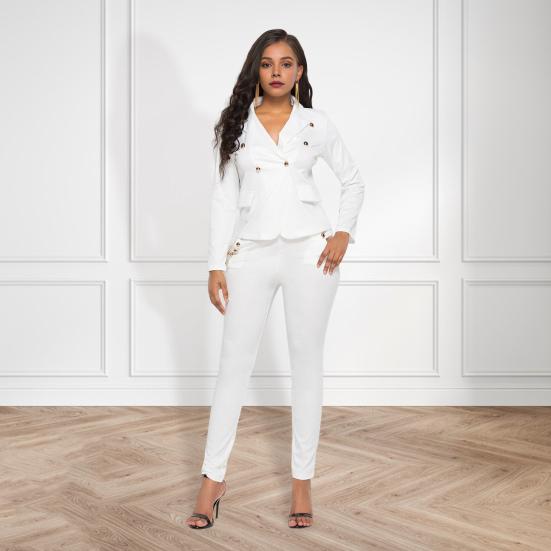 

Комплект из 2 предметов: женское пальто и брюки, отложной воротник, застежка на пуговицы, длинные рукава, куртка, облегающие однотонные брюки, повседневная одежда на каждый день S белый