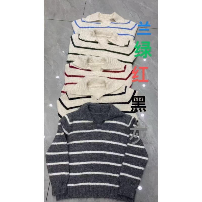 Lapel pullover sweater women's spring and autumn new simple contrasting stripes lazy versatile loose knitted sweater