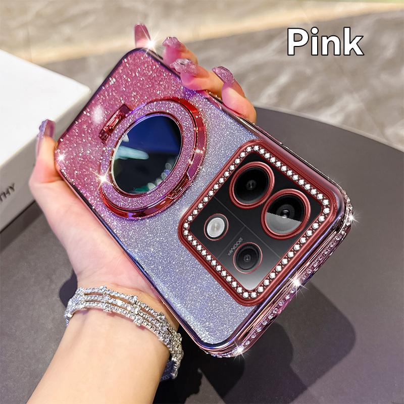 KEYSION Glitter Jewelled Magnetic Phone Case for Redmi Note 13 4G 13 Pro+5G Mirror Stand Shockproof Cover for Xiaomi POCO X6 M6 Pro