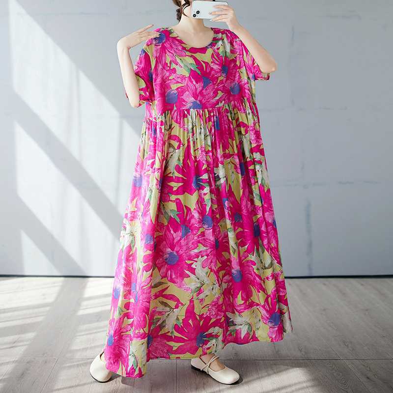 Einfacher und modischer langer Rock Sommer Kurzärmel Rundhals bedrucktes Kleid