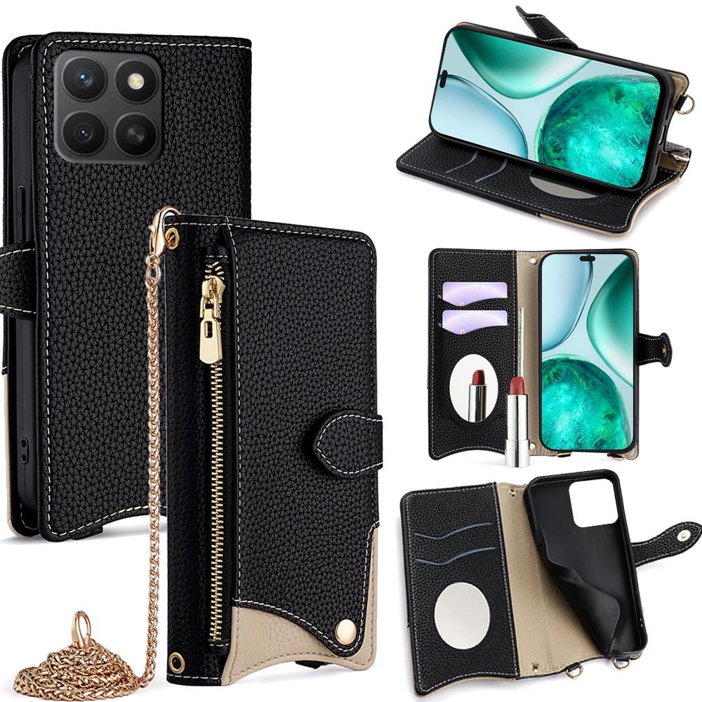 

For Honor X8c 4G Wallet Case Fishtail Design Leather Phone Cover with Mirror/Stand/Strap Black