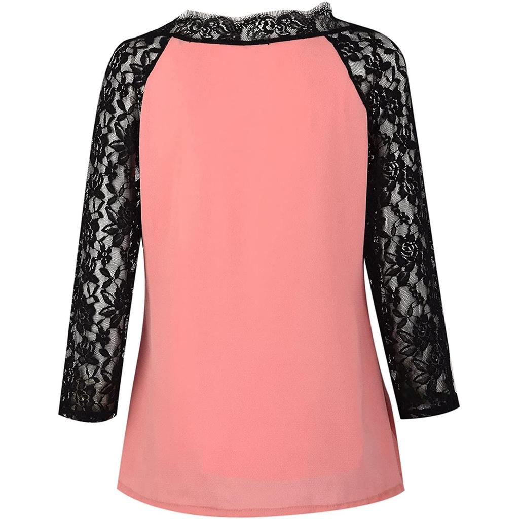 Women's Plus Size Lace Chiffon Shirt 3/4 Sleeve V Neck Top Loose Casual Tee T-Shirt Color Block Patchwork Blouse