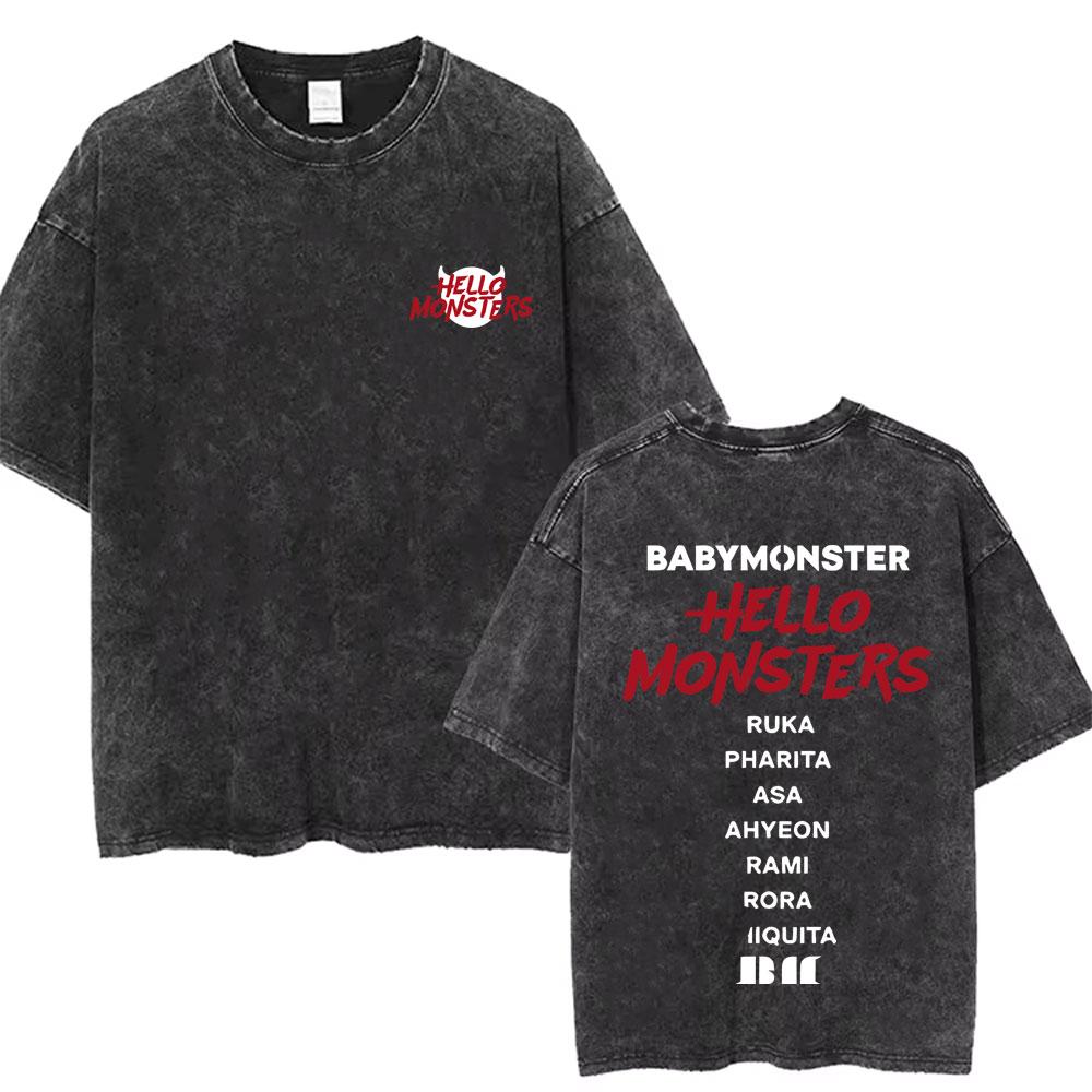 Babymonster Washed Vintage T-shirt Hello Monsters World Tour Graphic Tshirt Men s Korean Fashion Oversized Streetwear T Shirts S разноцветный