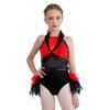 Kids Stage Performance Costume Turn-Down Collar Sleeveless Sheer Mesh Keyhole Back Sequins Leotard