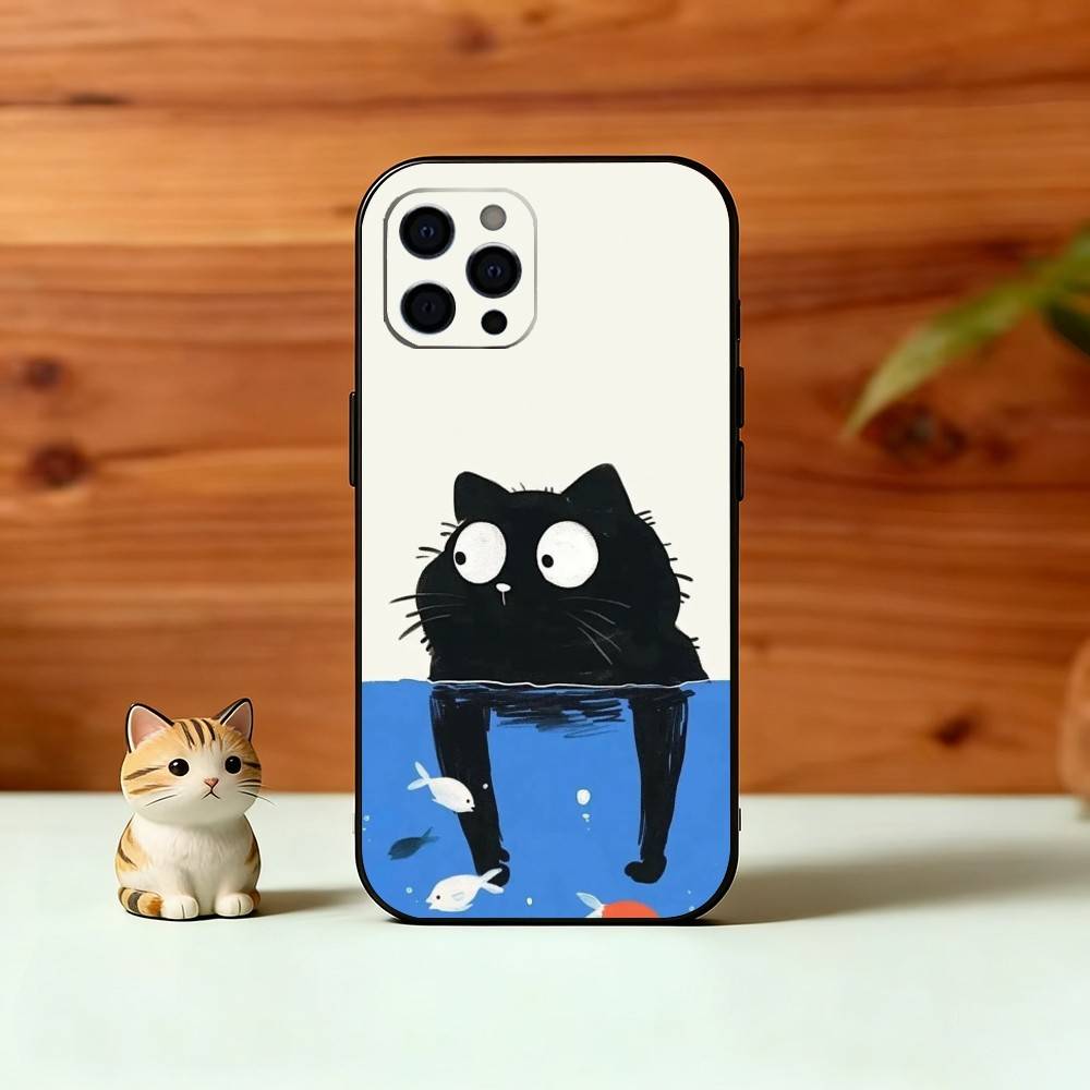 Cute Black Cat Illustration Phone Case For iPhone 17, 16,15,14,13,12,11 Plus,Pro Max, Others Soft Black Cover