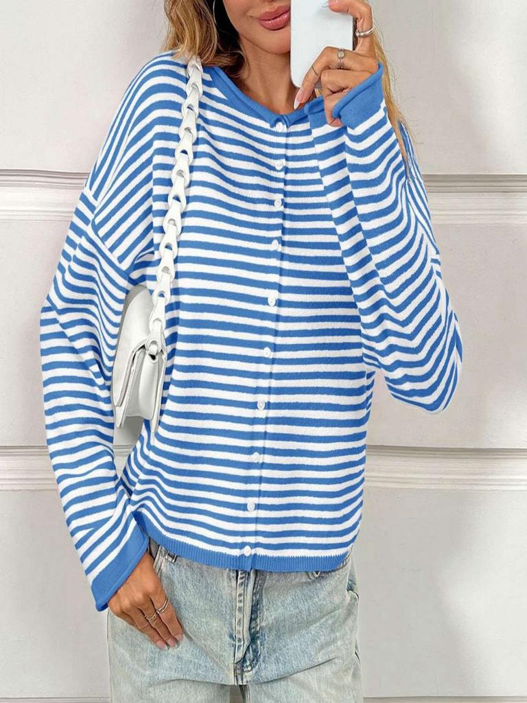 Women's Button Coat Striped Color-Contrast Long-Sleeved Cardigan