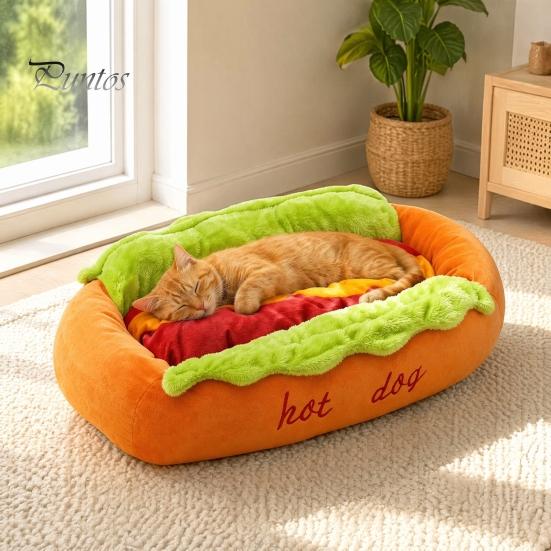 Cama Pequeña para Animales para Regalo de Cumpleaños Cama Hot Dog, Adorable Acogedora para Acurrucarse Almohadilla Extraíble Lavable, Divertido Cómodo Felpa Mascota Alfombrilla Pan Perros Gatos Suave Sofá Nido