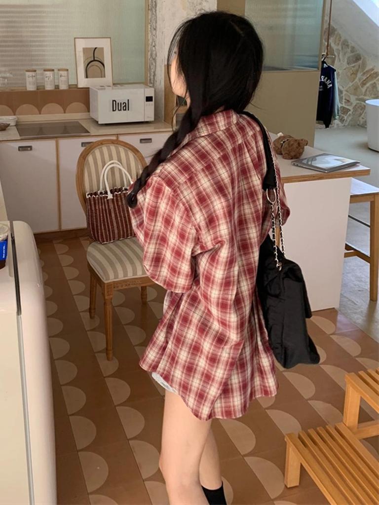Women's Red Plaid Loose-Fit Long Sleeve Shirt - Korean Style Casual Sun Protection for Spring/Summer