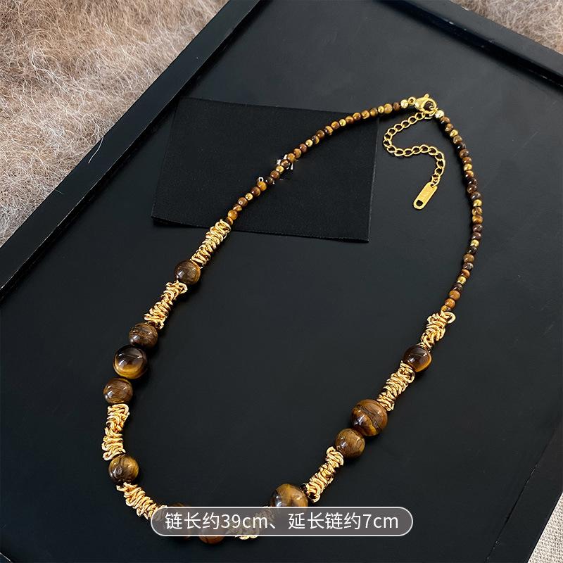 Tiger's eye stone beaded winding long necklace niche sweater chain retro style personalized versatile necklace jewelry