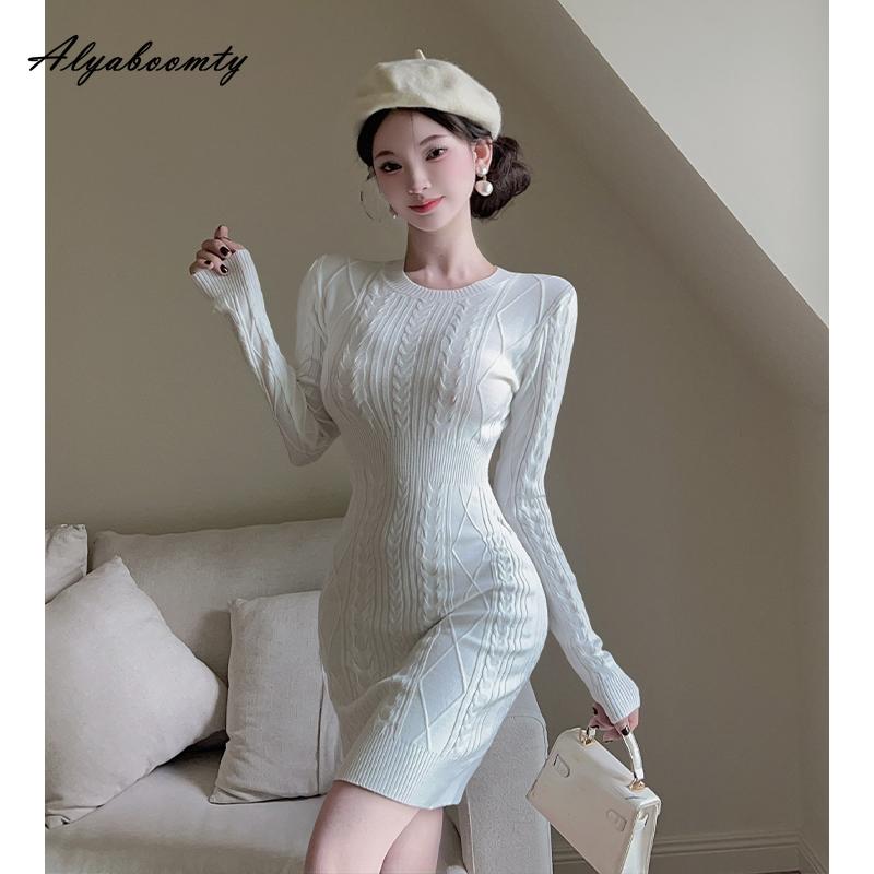 Korean Fashion Autumn Winter Women Basic Sweater Dress O Neck Beige Black Red Knitting Dress Knitted Warm Elegant Ladies' Short All-Match Dress