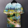 Summer Round Neck Artistic Cat and Floral Pattern 3D Print Top Fashionable Casual Short Sleeved Men's T-shirts
