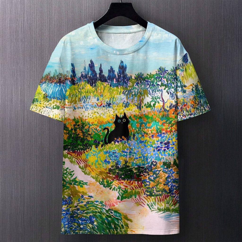 Summer Round Neck Artistic Cat and Floral Pattern 3D Print Top Fashionable Casual Short Sleeved Men's T-shirts