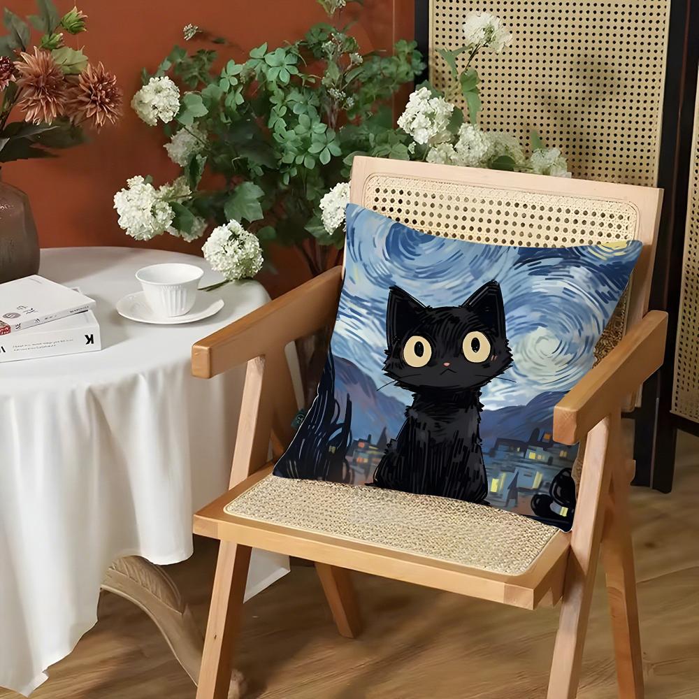 Art Sky Night Cat Cushion Cover Silky Short Plush Invisible Zipper Dustproof Sofa Pillow Case for Home Decor
