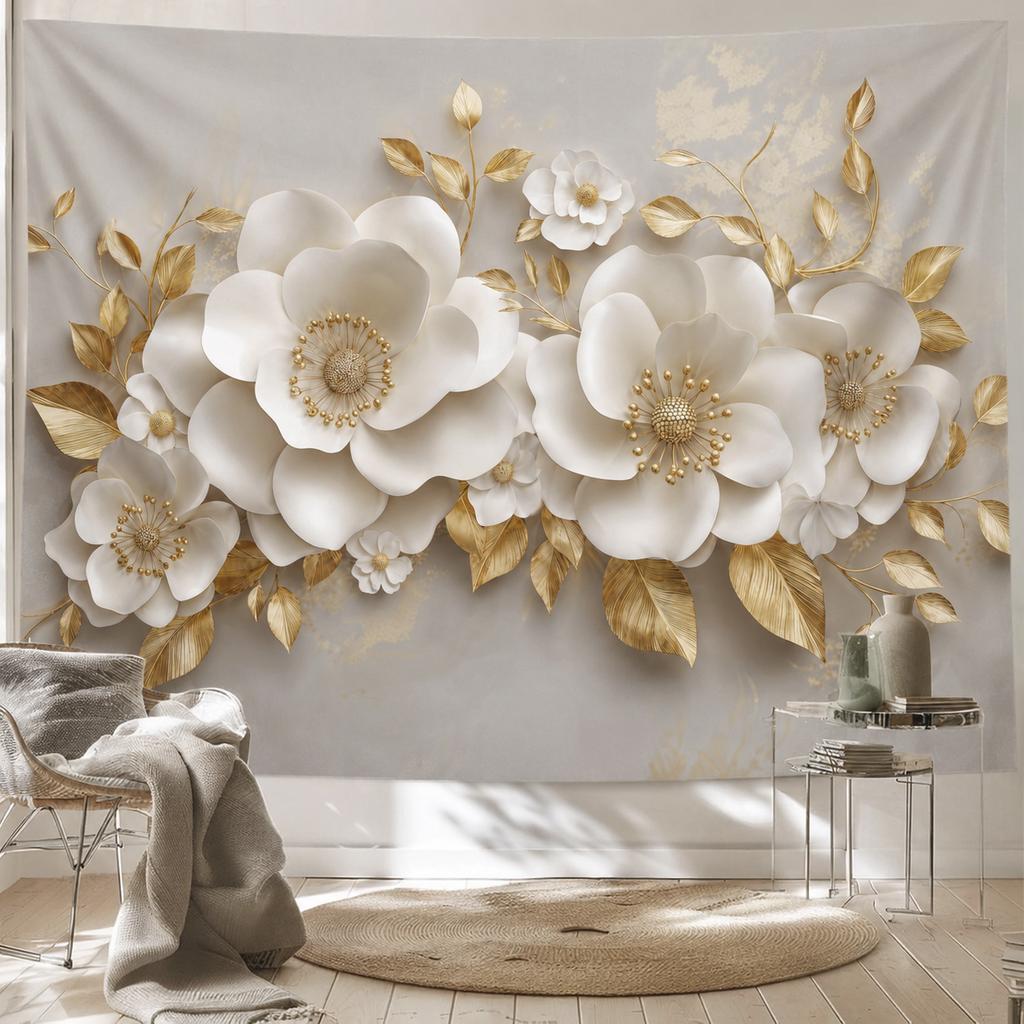 3D Wit Bloemen Wandkleed met Gouden Bladeren, Luxe Bloemen Wandhanger voor Slaapkamer Woonkamer Huisdecoratie