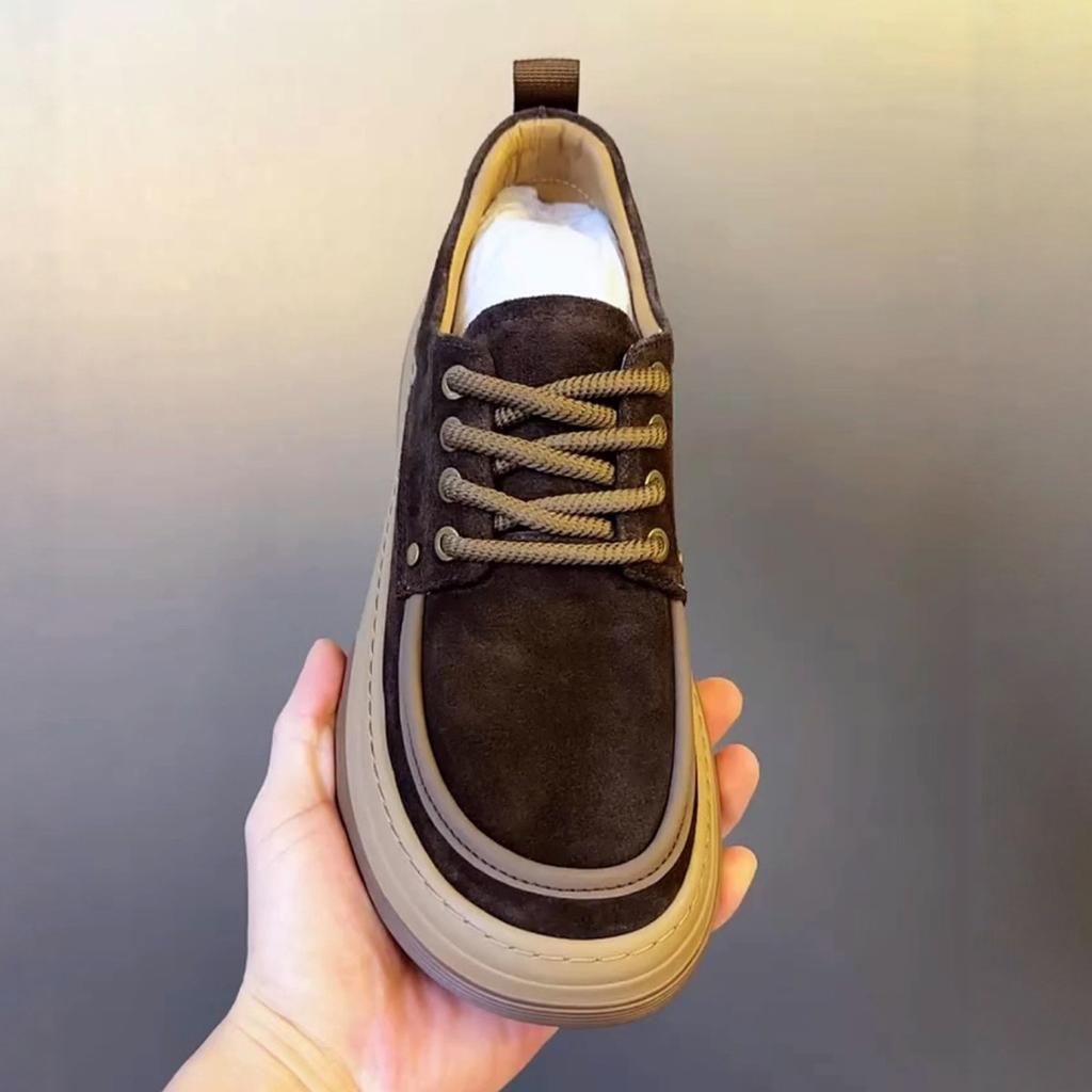 Men's Shoes Retro Frosted Leather Thick Soled Casual Brown Lace Up Trendy Fashionable Height Increasing Kangaroo Loafers