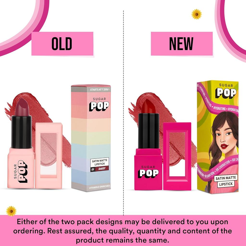 Sugar Pop Satin Matte Lipstick 08 Carnation Highly Pigmented Long Lasting Hydrating Lip Colour Velvet Finish Makeup 3 gm