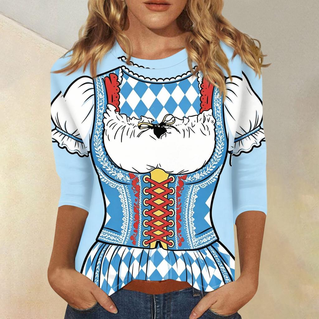 Women Casual Three Quarter Sleeve Oktoberfest Print Round Neck Shirt Lightweight Pullover Top for Daily Wear