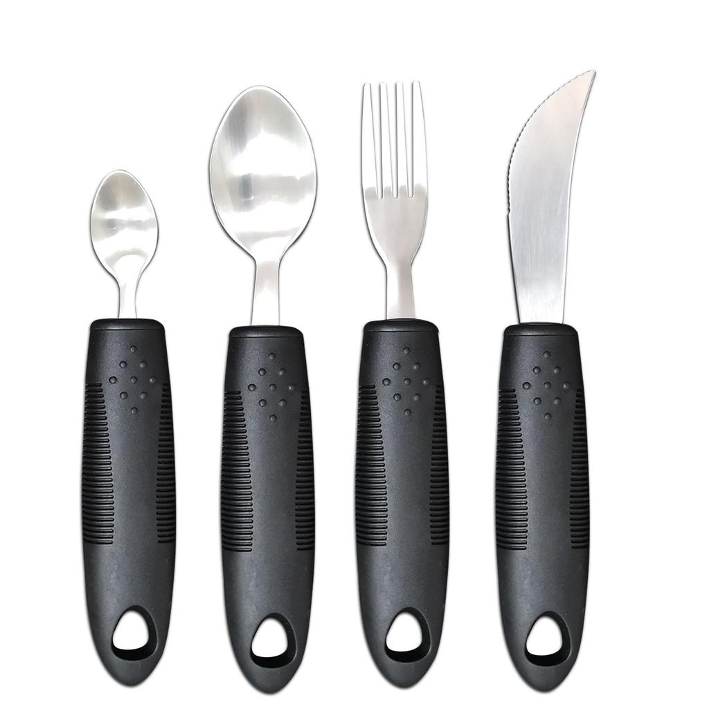 Adaptive Stainless Steel Anti-Tremor Tableware Set: Ergonomic Knife, Fork, Spoon with Rubber and Plastic Handles for Elderly Assistance