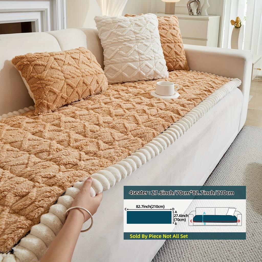 No Pillow 1pc Autumn and Winter Thickened Bohemian Style Quilted Sofa Cover with Pleats, Integrated Plush Fabric, Non-slip Protective Cover for Pets