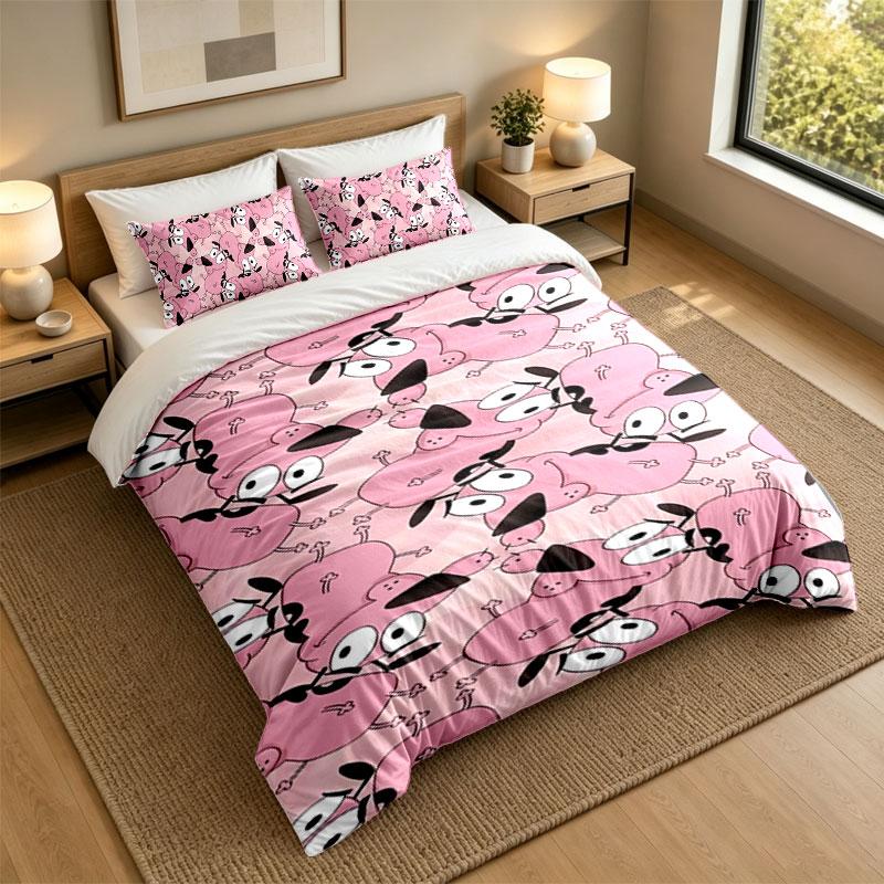 3Pcs Bedding SetCourage the Cowardly Dog Soft Bed Sheet and Two Pillowcases Home Bedroom Decor