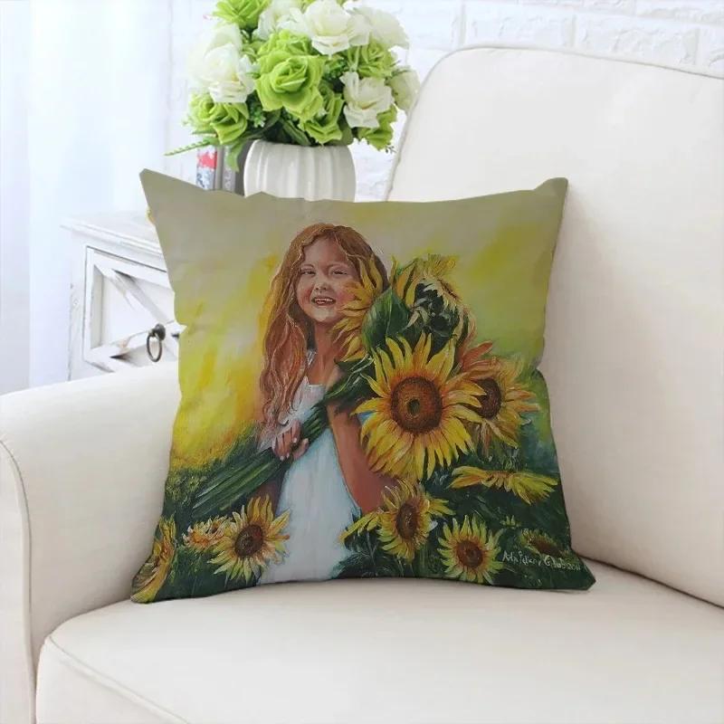 Față de pernă decorativă de lux pentru casă, pentru mașină, sufragerie, canapea, cu model Fata cu floarea-soarelui