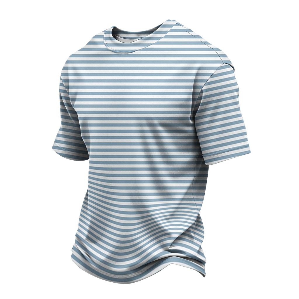 Men's Casual Quick-Dry Short Sleeve Shirt with Round Neck Lightweight Mesh and Striped Design