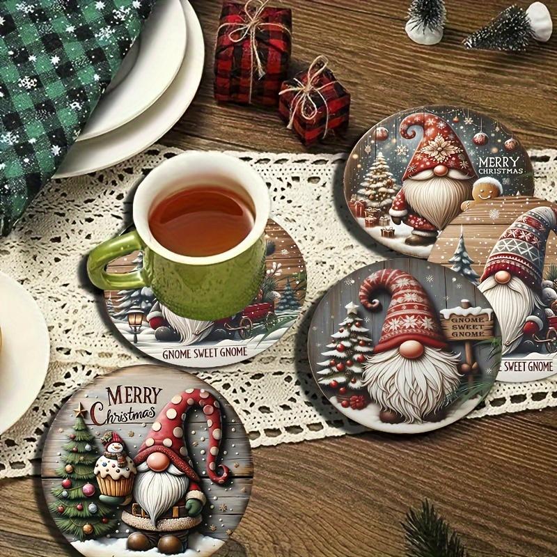 6 Stück Weihnachtswichtel-Muster Holzuntersetzer - Hitzebeständig, Dekoration für Zuhause & Café, Getränkeunterlagen